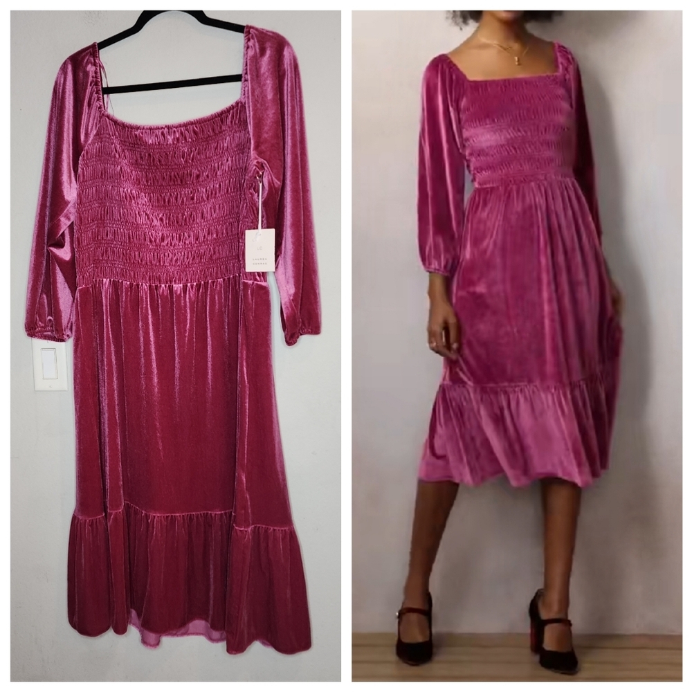 NWT Lauren Conrad Velvet Smocked Bodice Midi Dress Wine Pink Red XXL